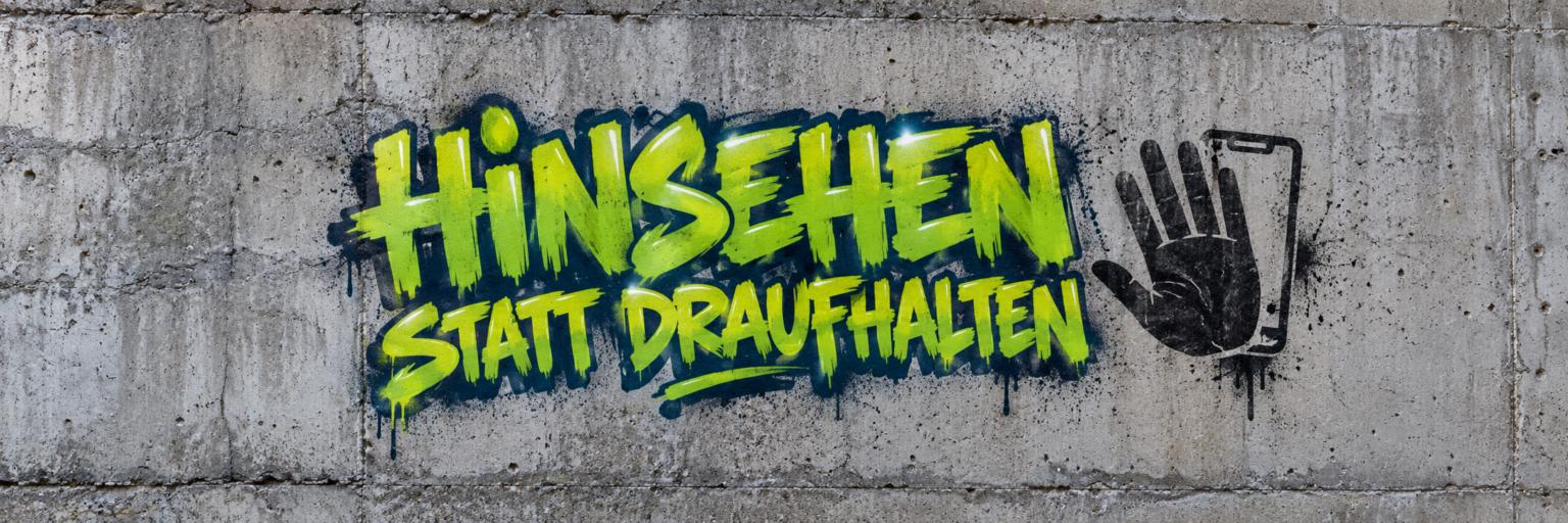 Graffiti auf einer Betonwand: HINSEHEN STATT DRAUFHALTEN, daneben eine Hand vor einem Handy