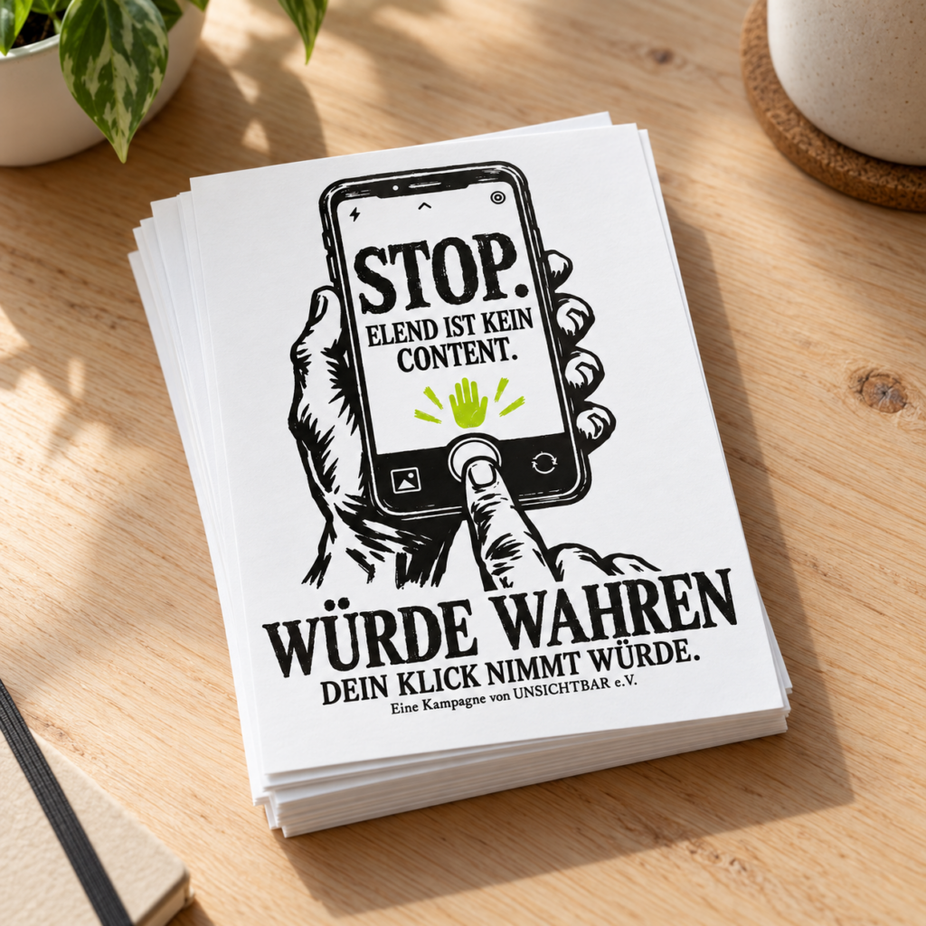 Stapel Würde-wahren-Flyer auf einem Holztisch