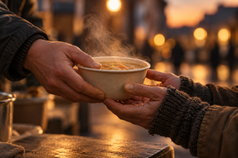 Eine Schale warme Suppe wird von Hand zu Hand gereicht