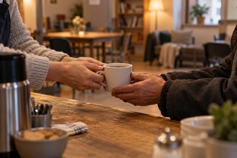 Eine Tasse Kaffee wird über einen Tresen gereicht