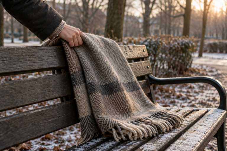 Eine Hand legt eine Wolldecke auf eine verschneite Parkbank