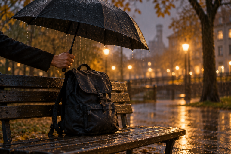 Ein Regenschirm schützt einen Rucksack auf einer Bank