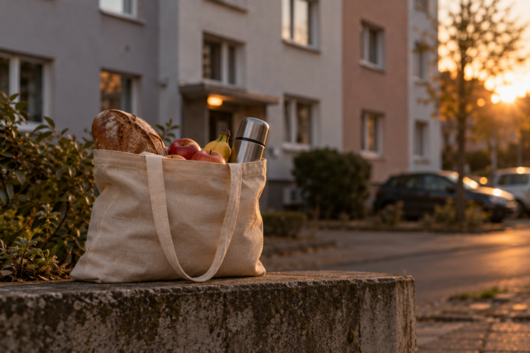 Stofftasche mit Brot, Obst und Thermoskanne auf einer Mauer