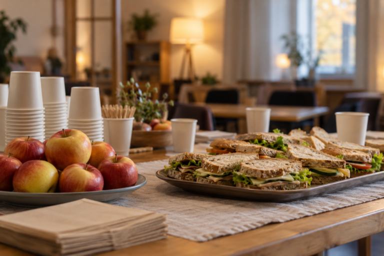 Gedeckter Tisch mit belegten Broten und Äpfeln