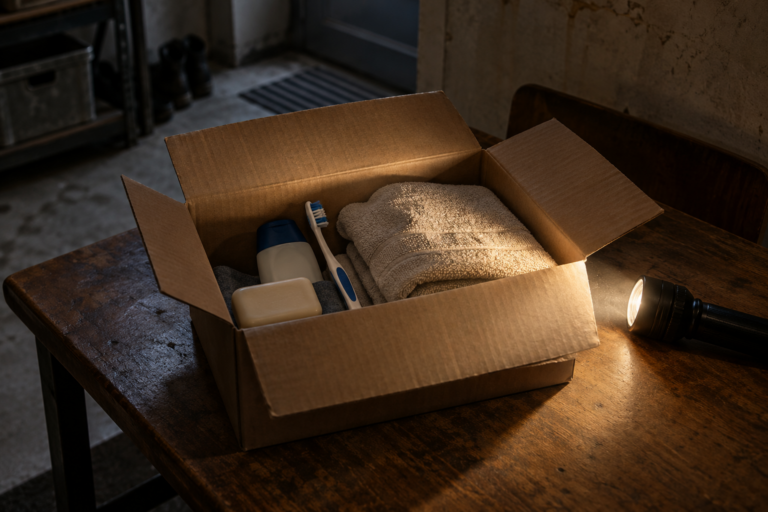 Karton mit Hygieneartikeln im Licht einer Taschenlampe