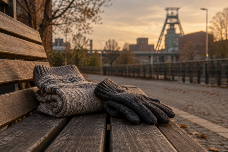 Wollsocken und Handschuhe auf einer Bank, im Hintergrund ein Förderturm