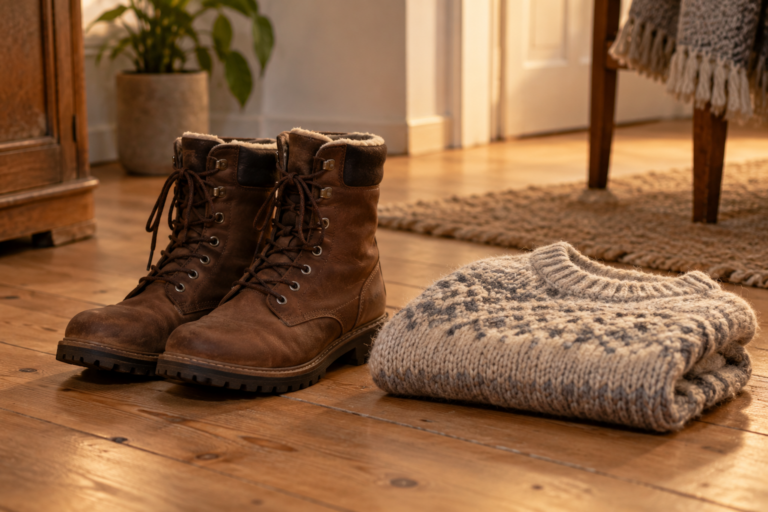 Winterstiefel und ein gefalteter Pullover