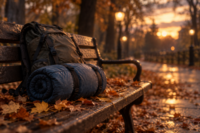 Schlafsack und Rucksack auf einer Parkbank im Herbstlaub