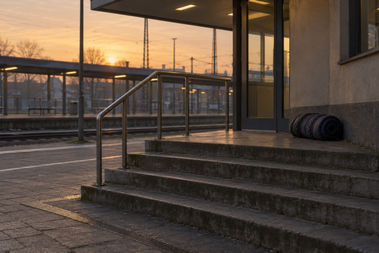 Bahnhofstreppe in der Morgendämmerung mit Schlafsack an der Wand