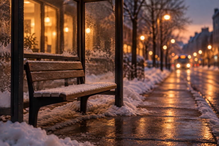 Leere Bushaltestelle im Schnee