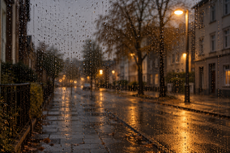 Regentropfen am Fenster, dahinter eine Straße bei Nacht