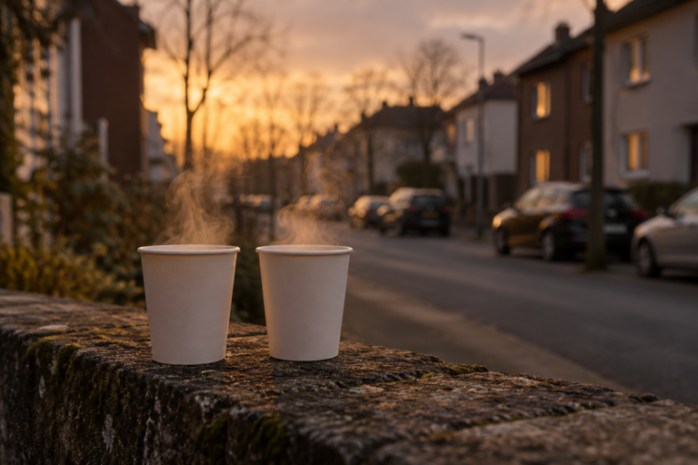 Zwei dampfende Becher auf einer Mauer