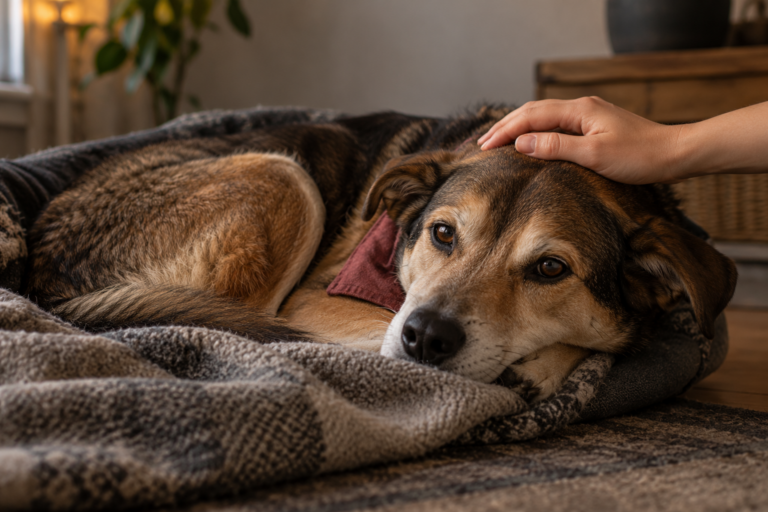 Hund liegt auf einer Decke und wird gestreichelt