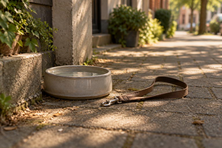 Wassernapf und Hundeleine auf einem schattigen Gehweg
