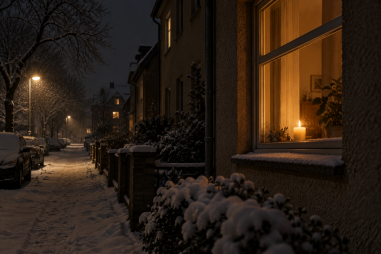 Kerze in einem erleuchteten Fenster an einer verschneiten Straße