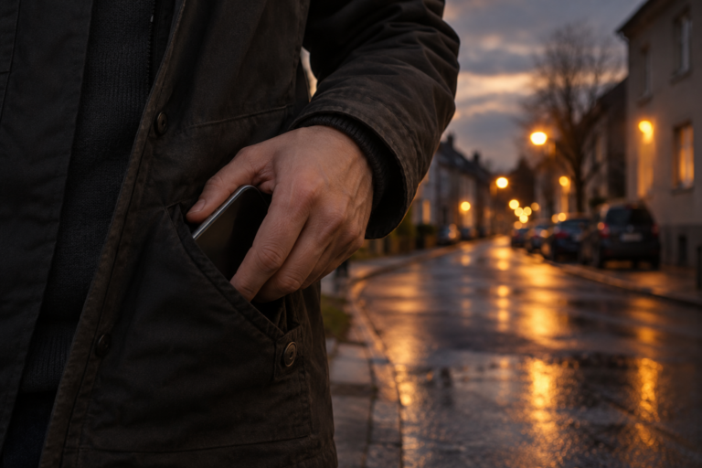 Eine Hand steckt das Smartphone in die Jackentasche