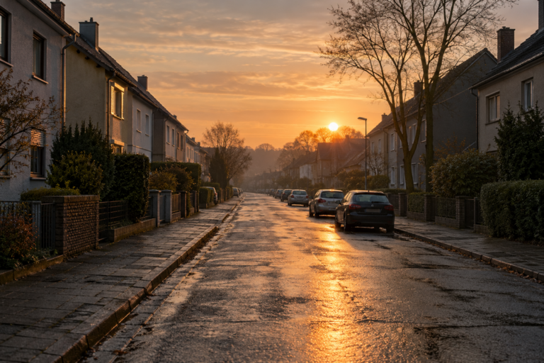 Sonnenaufgang über einer ruhigen Wohnstraße