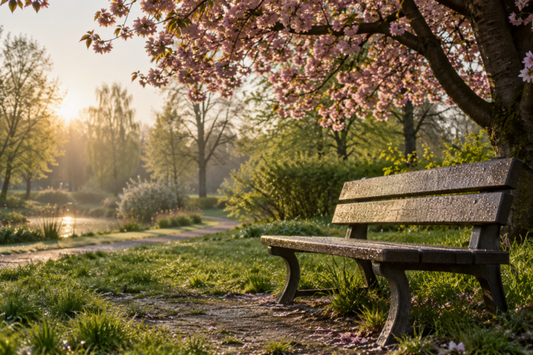 Parkbank unter einem blühenden Baum im Frühling
