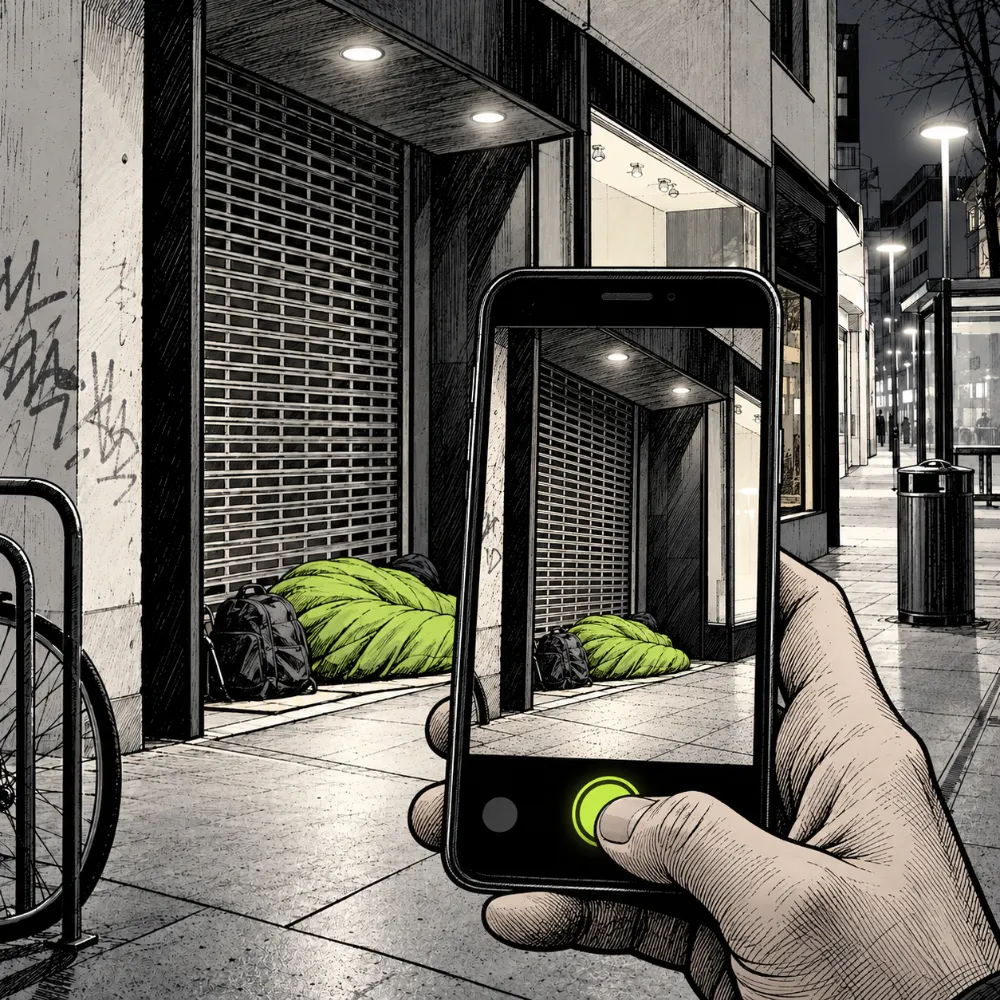 Eine Hand hält ein Smartphone hoch und fotografiert den schlafenden Menschen im Ladeneingang