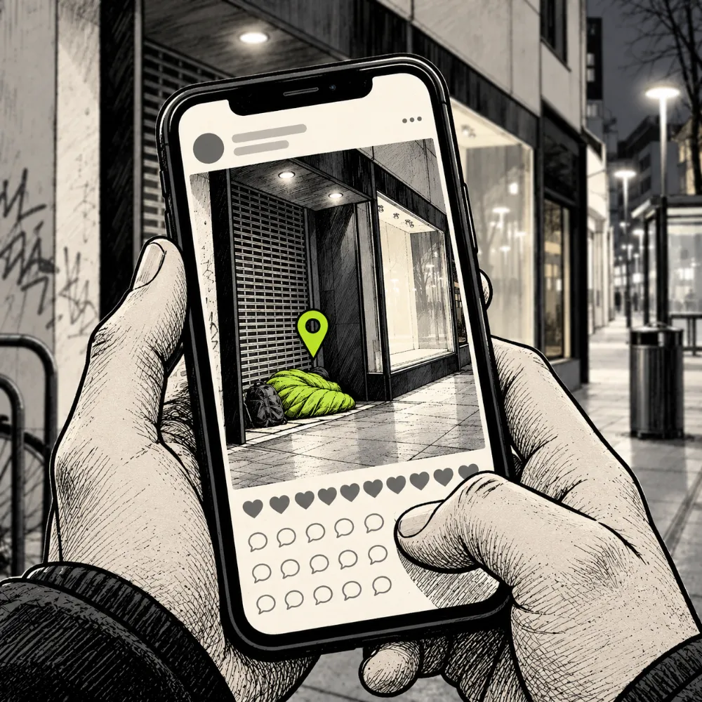Ein Smartphone zeigt einen Social-Media-Beitrag mit dem Foto vom Schlafplatz, vielen Herzen, Kommentaren und einem grünen Standort-Pin