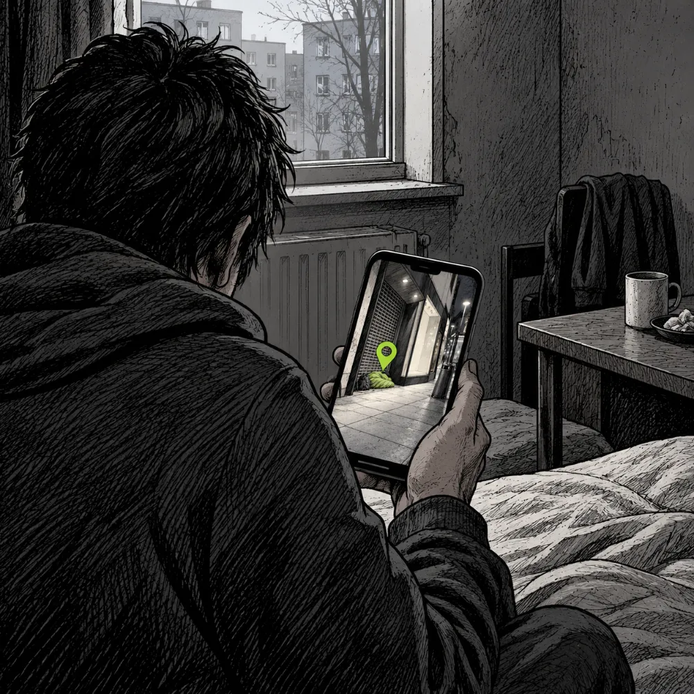 Eine Person sitzt von hinten gesehen in einer kargen Wohnung und betrachtet auf dem Handy das Foto mit dem Standort-Pin