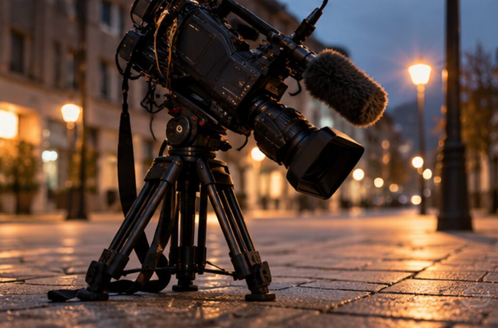 Eine ausgeschaltete Fernsehkamera auf einem Stativ auf einem leeren Gehweg am Abend