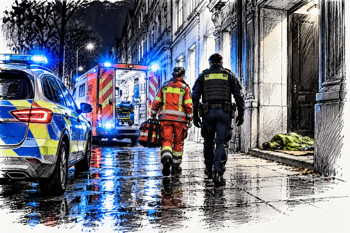 Tuschezeichnung: Nachts stehen ein Streifenwagen und ein Rettungswagen mit Blaulicht am Straßenrand. Eine Sanitäterin und ein Polizist gehen von hinten gesehen auf einen Hauseingang zu, in dem ein Schlafsack liegt.